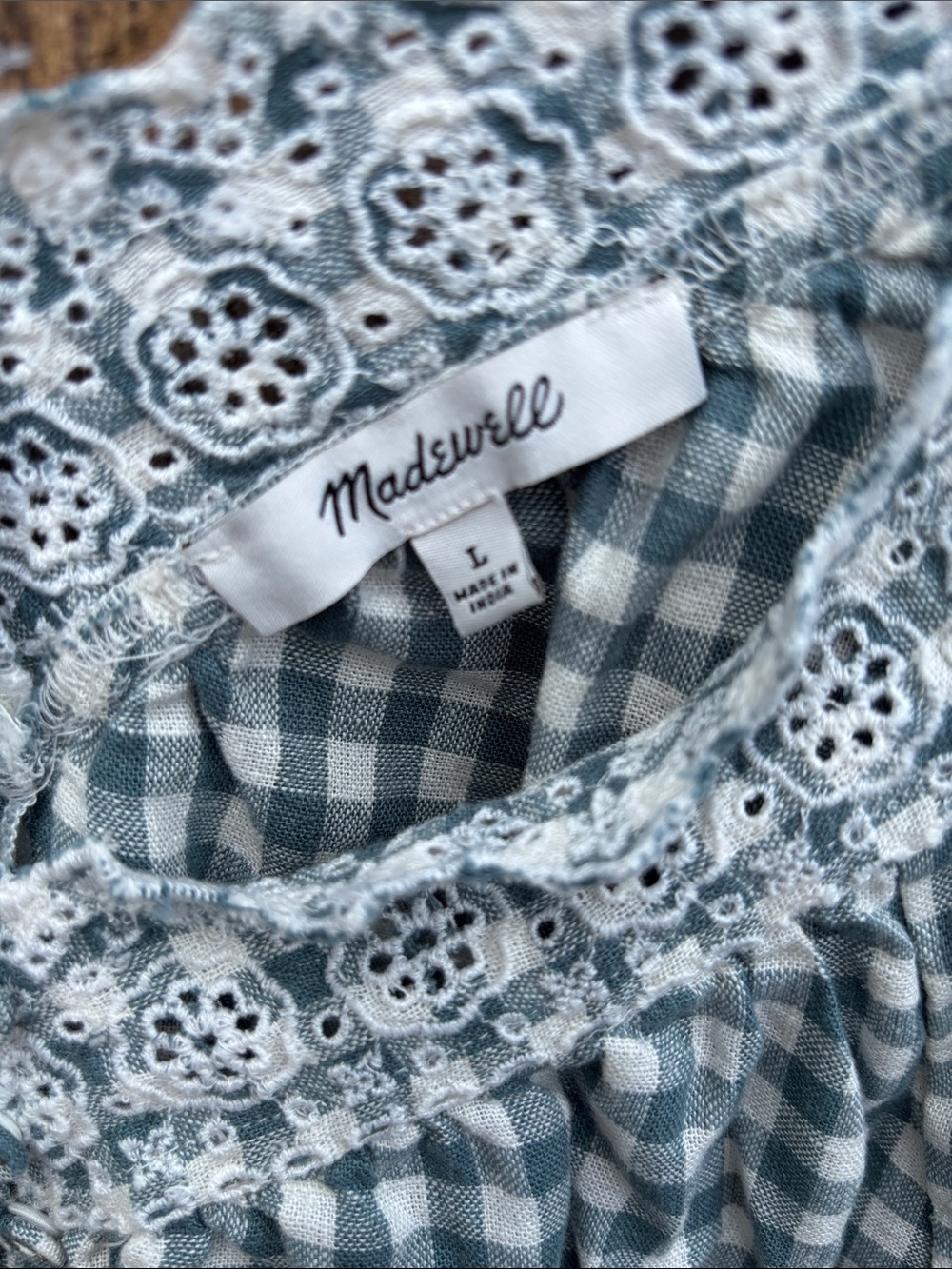Madewell Green & White Gingham Lace-Trim Puff Sleeve Blouse - Picture 2 of 6